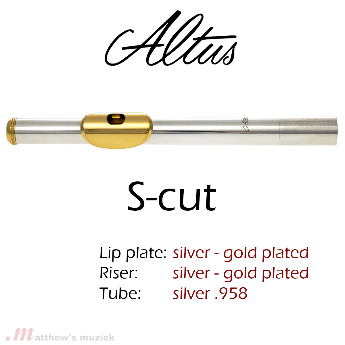 Altus Kopfstück - S-cut - .958 Silber - Vergoldete Mundlochplatte und Kamin
