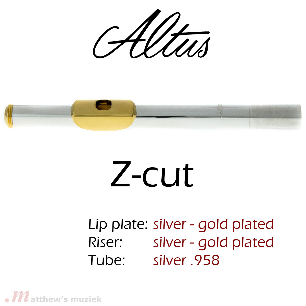 Altus Kopfstück - Z-cut - .958 Silber - Vergoldete Mundlochplatte und Kamin