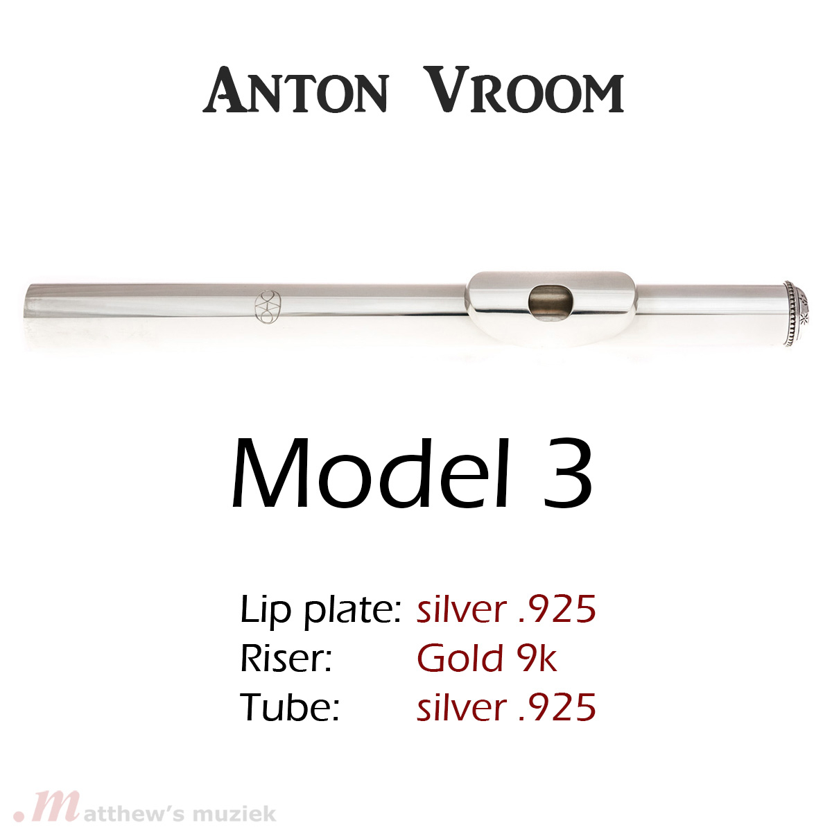 Anton Vroom Dwarsfluit Kopstuk - Zilver met 9k Gouden Schoorsteen