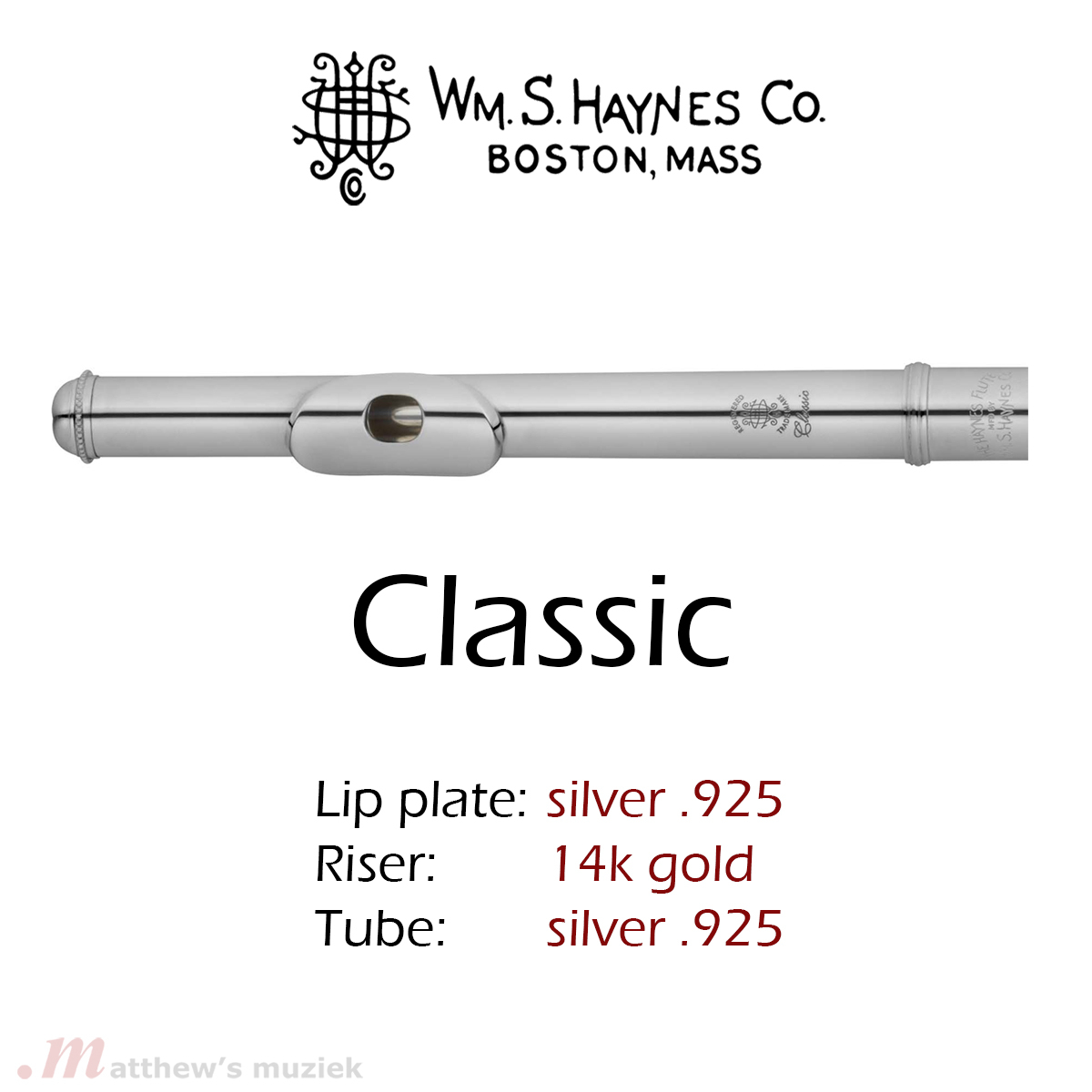 Haynes Fluit Kopstuk - Classic Zilver +14K Riser