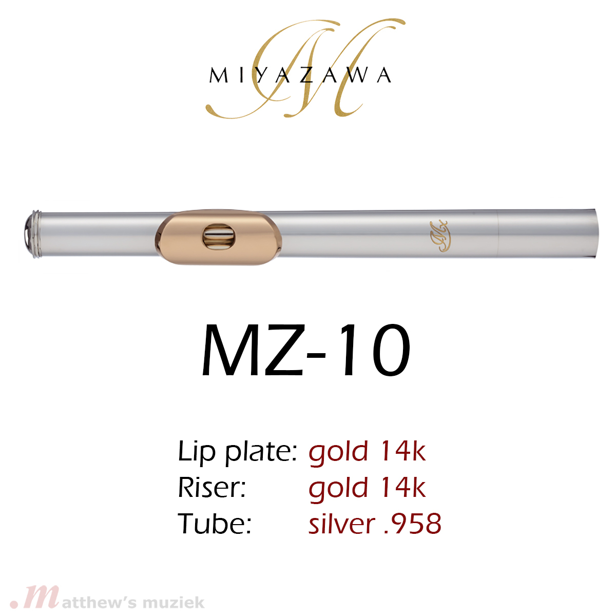 Miyazawa Kopfstück - MZ-10 - .958 Silber mit Gold Kamin/Mundlochplatte