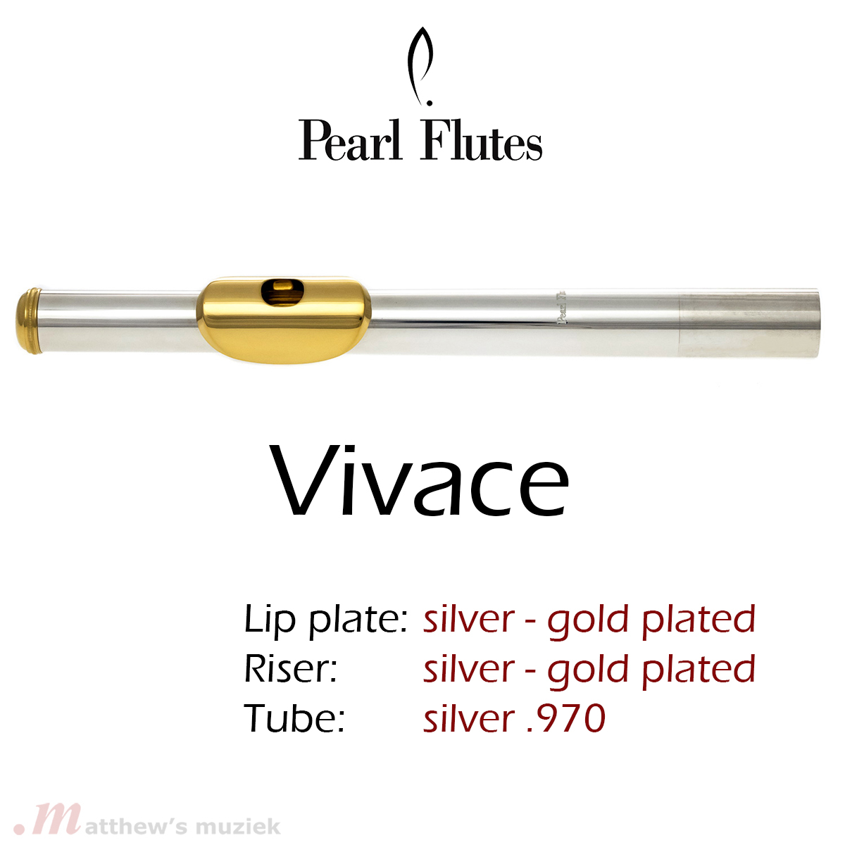 Pearl Flute Headjoint - Vivace .970 Silver - Gold Plated Lipplate, Riser and Crown